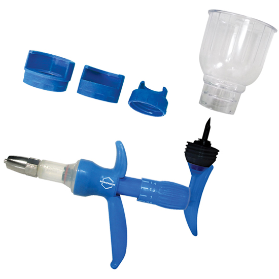 Injector with T-handle with dispenser, with bottle holder 